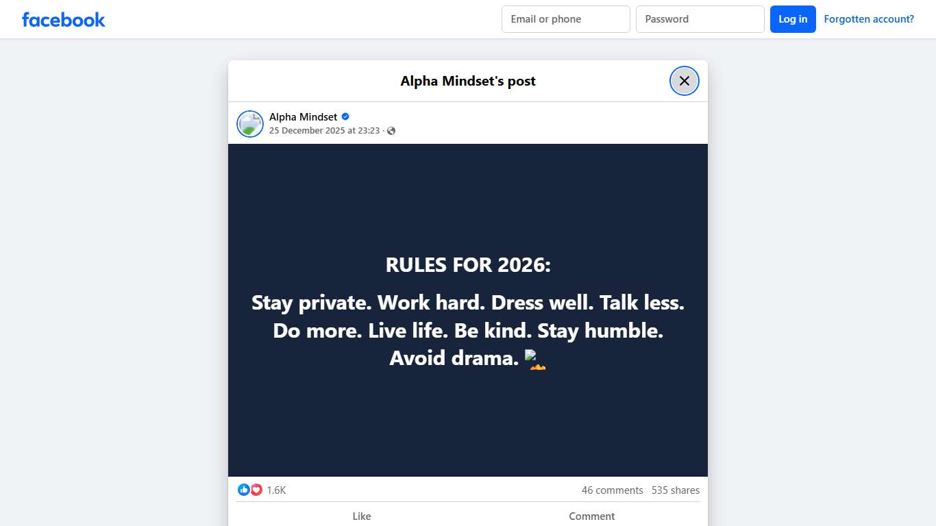 Alpha Mindset - RULES FOR 2026: Stay private. Work hard.... Facebook